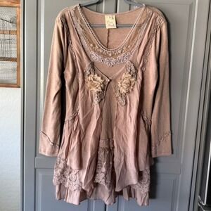 Pretty Angel Y2K Fairy Floral Lace Layered Asymmetric Tunic Top, Beige,XL